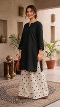Women's Stitched 2 Piece Lawn Cotton Suit | Ready to Wear Black Shirt & Printed Wide Leg Trouser | Casual Party Wear Pakistani Ladies Suit