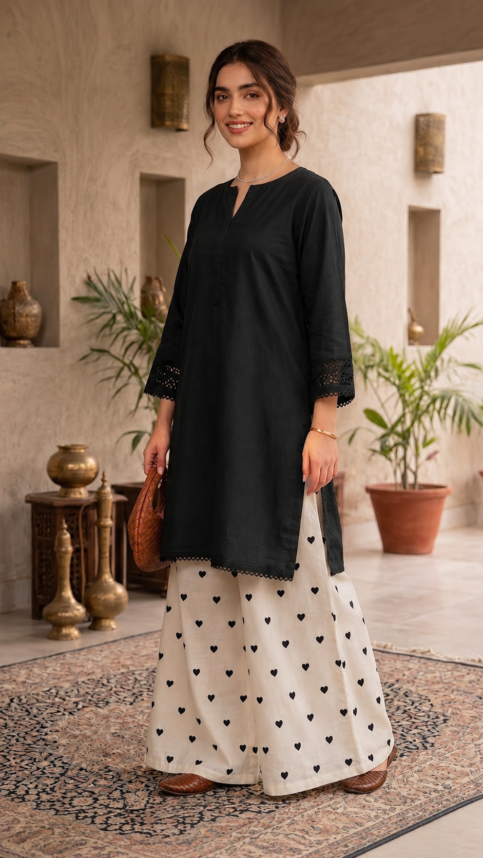 Women's Stitched 2 Piece Lawn Cotton Suit | Ready to Wear Black Shirt & Printed Wide Leg Trouser | Casual Party Wear Pakistani Ladies Suit