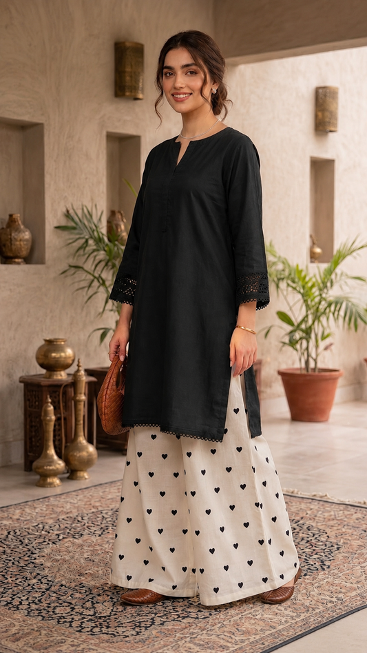 Women's Stitched 2 Piece Lawn Cotton Suit | Ready to Wear Black Shirt & Printed Wide Leg Trouser | Casual Party Wear Pakistani Ladies Suit