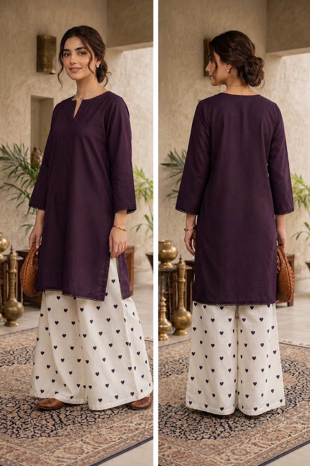 Women's Stitched 2 Piece Lawn Cotton Suit | Ready to Wear Plum Purple Shirt & Printed Wide Leg Trouser | Casual Party Wear Pakistani Ladies Suit