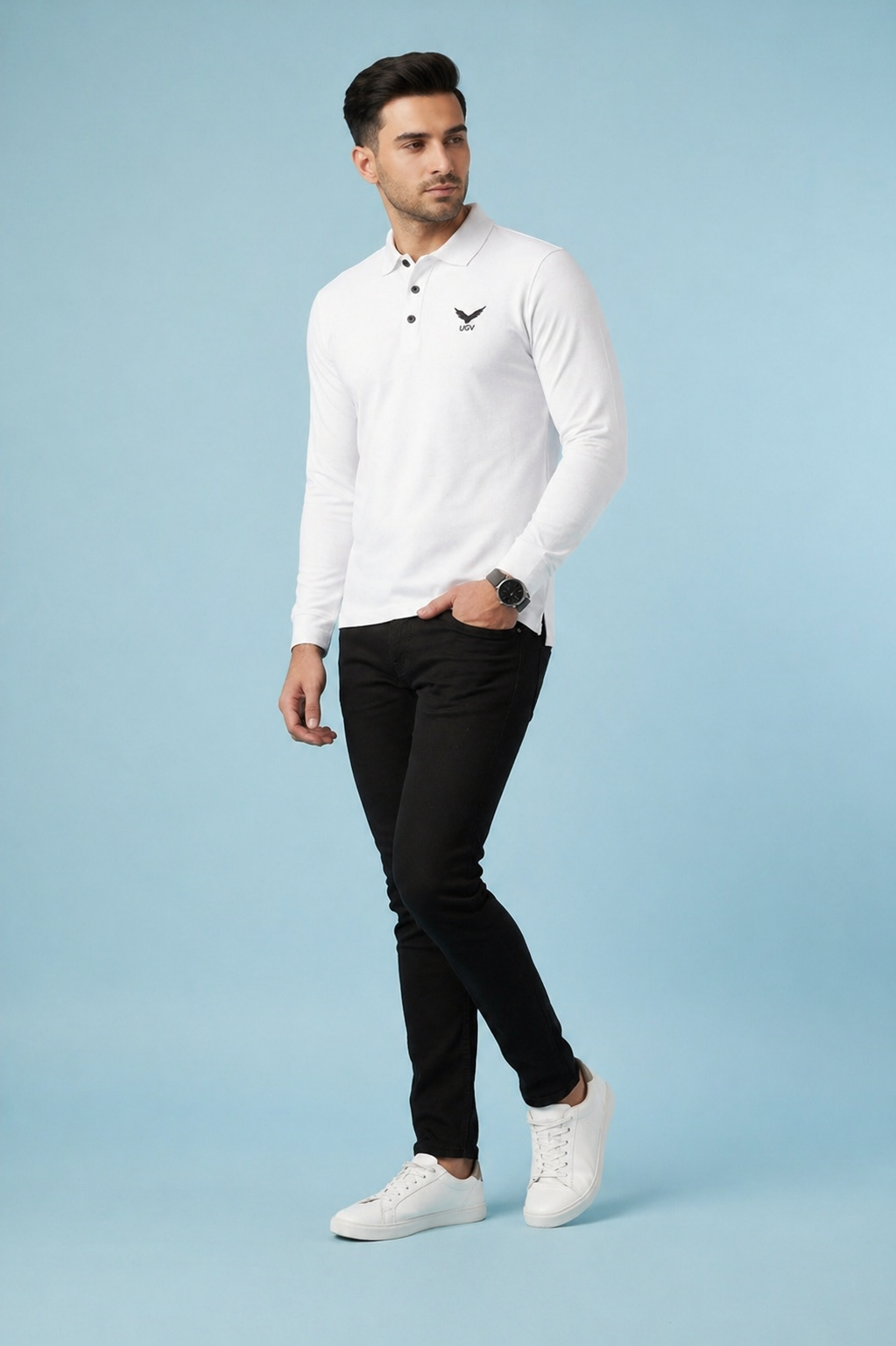 White Full Sleeve Polo Shirt – Polyester & Spandex Dri Fit