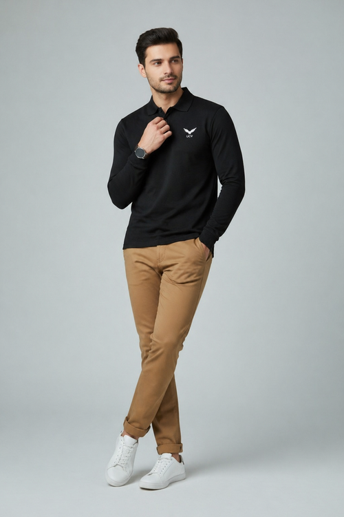 Classic Black Full Sleeve Polo Shirt – Polyester & Spandex Dri Fit