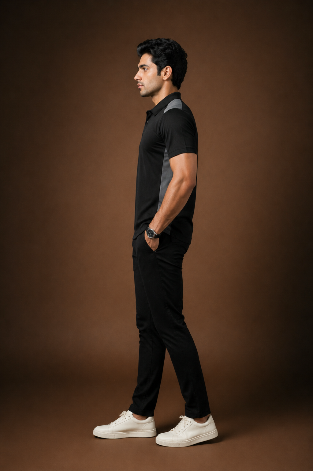 Black & Grey Polo T-Shirt – Textured Knitted Mesh Polyester