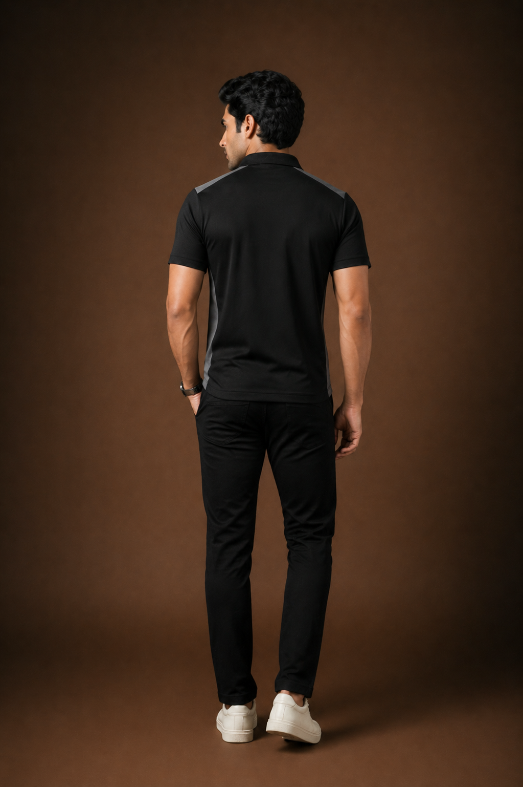 Black & Grey Polo T-Shirt – Textured Knitted Mesh Polyester