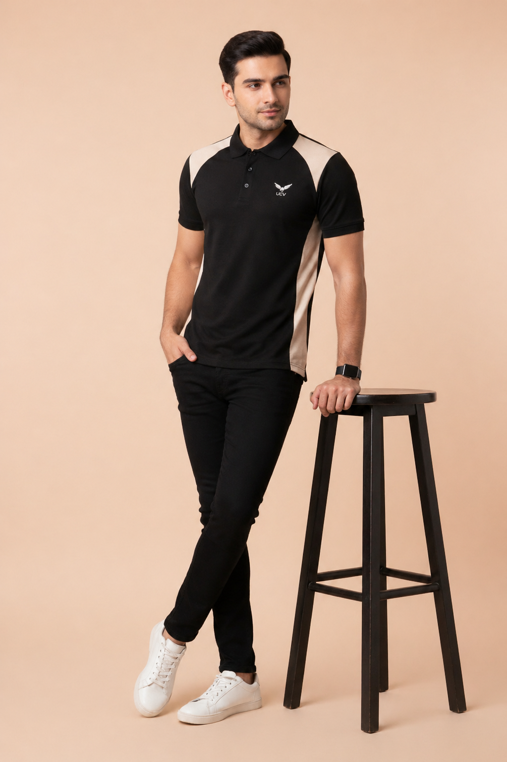 Black & Skin Polo T-Shirt – Textured Knitted Mesh Polyester