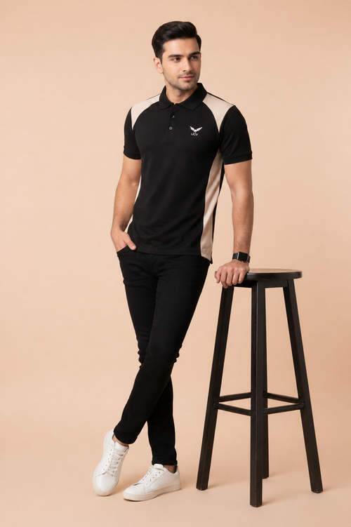 Black & Skin Polo T-Shirt – Textured Knitted Mesh Polyester