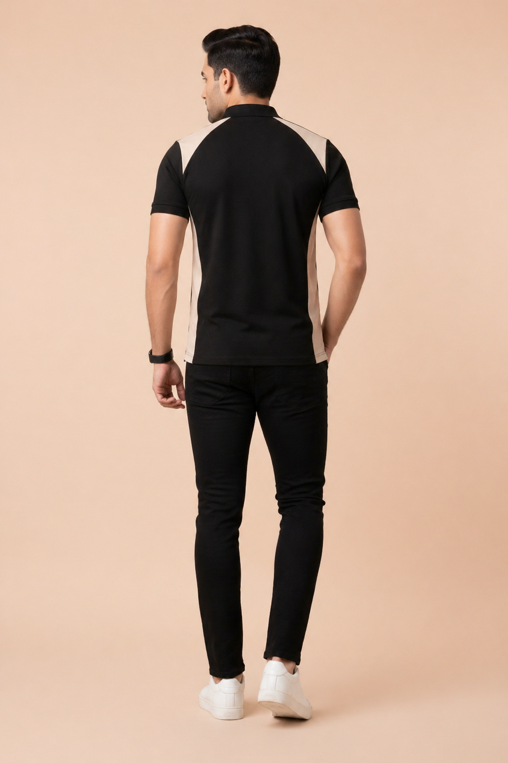 Black & Skin Polo T-Shirt – Textured Knitted Mesh Polyester