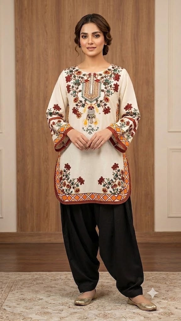 Women's Stitched 2 Piece Printed Lawn Cotton Suit | Ready to Wear Embroidered Kurti & Plain Shalwar | Casual Party Wear Pakistani Ladies Dress
