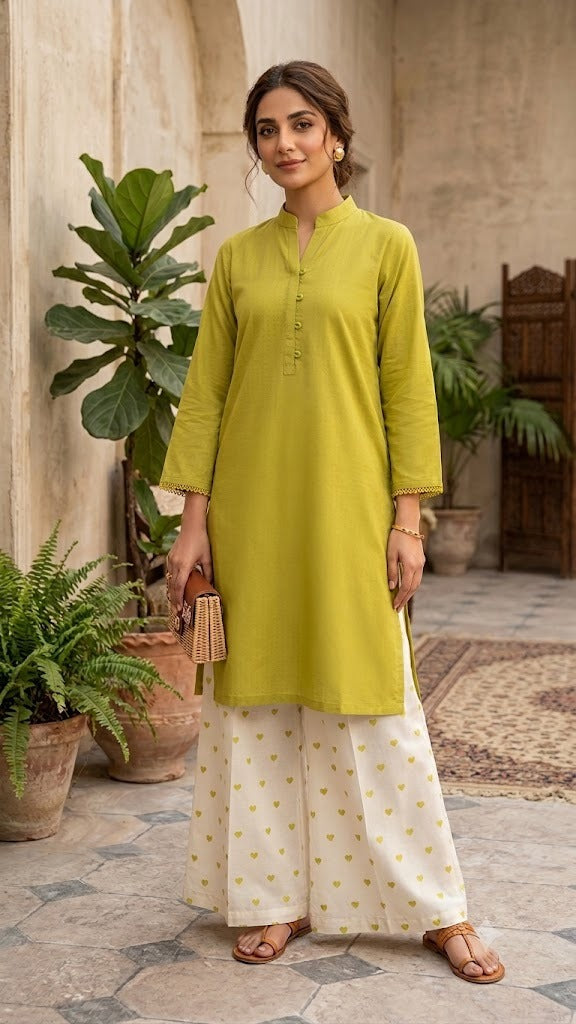Women's Stitched 2 Piece Lawn Cotton Suit | Ready to Wear Solid Shirt & Printed Wide Leg Trouser | Casual Pakistani Ladies Dress