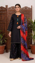 Women's Stitched 3 Piece Lawn Cotton Suit | Ready to Wear Black Embroidered Kurti, Printed Palazzo & Bandhani Dupatta | Pakistani Ladies Dress