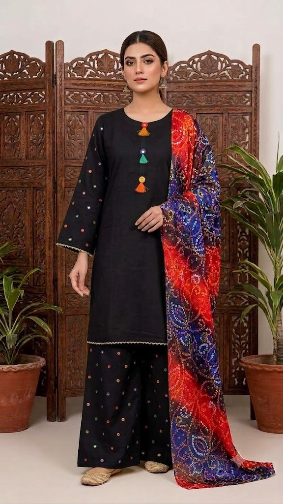 Women's Stitched 3 Piece Lawn Cotton Suit | Ready to Wear Black Embroidered Kurti, Printed Palazzo & Bandhani Dupatta | Pakistani Ladies Dress