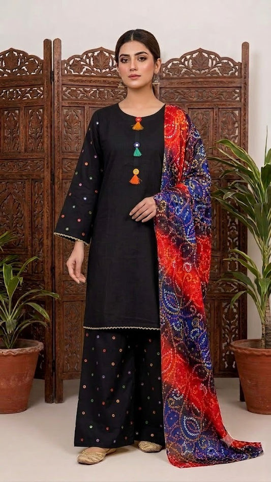 Women's Stitched 3 Piece Lawn Cotton Suit | Ready to Wear Black Embroidered Kurti, Printed Palazzo & Bandhani Dupatta | Pakistani Ladies Dress