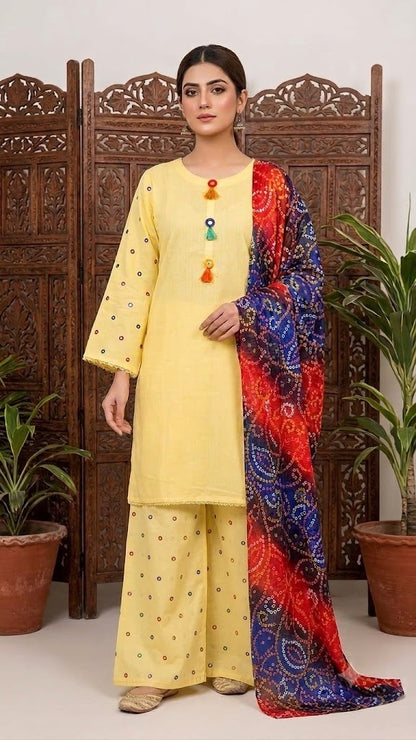 Women's Stitched 3 Piece Lawn Cotton Suit | Ready to Wear Yellow Embroidered Kurti, Printed Palazzo & Bandhani Dupatta | Pakistani Ladies Dress