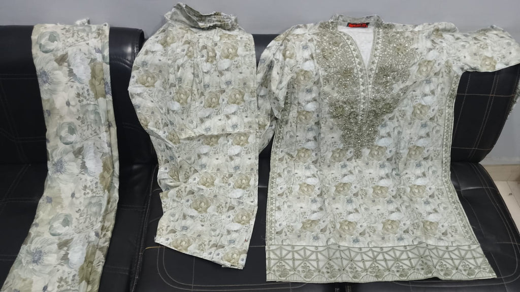 Women's Stitched 3 Piece Lawn Cotton Suit | Ready to Wear Floral Printed Embroidered Kurti, Matching Trouser & Printed Dupatta | Pakistani Ladies Dress
