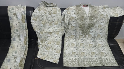 Women's Stitched 3 Piece Lawn Cotton Suit | Ready to Wear Floral Printed Embroidered Kurti, Matching Trouser & Printed Dupatta | Pakistani Ladies Dress