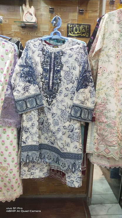 Women's Stitched 3 Piece Lawn Cotton Suit | Ready to Wear Floral Printed Embroidered Kurti, Matching Trouser & Printed Dupatta | Pakistani Ladies Dress
