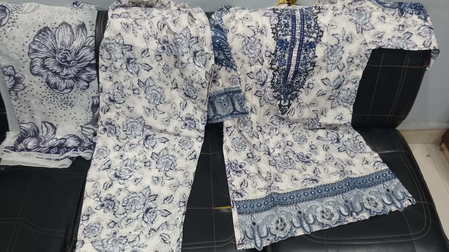 Women's Stitched 3 Piece Lawn Cotton Suit | Ready to Wear Floral Printed Embroidered Kurti, Matching Trouser & Printed Dupatta | Pakistani Ladies Dress