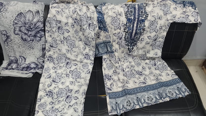 Women's Stitched 3 Piece Lawn Cotton Suit | Ready to Wear Floral Printed Embroidered Kurti, Matching Trouser & Printed Dupatta | Pakistani Ladies Dress