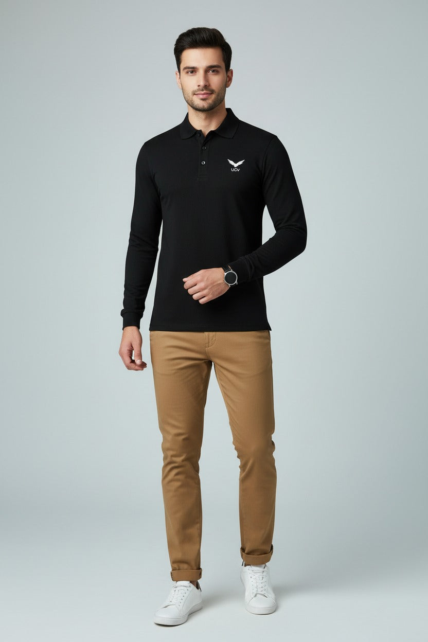 Classic Black Full Sleeve Polo Shirt – Polyester & Spandex Dri Fit