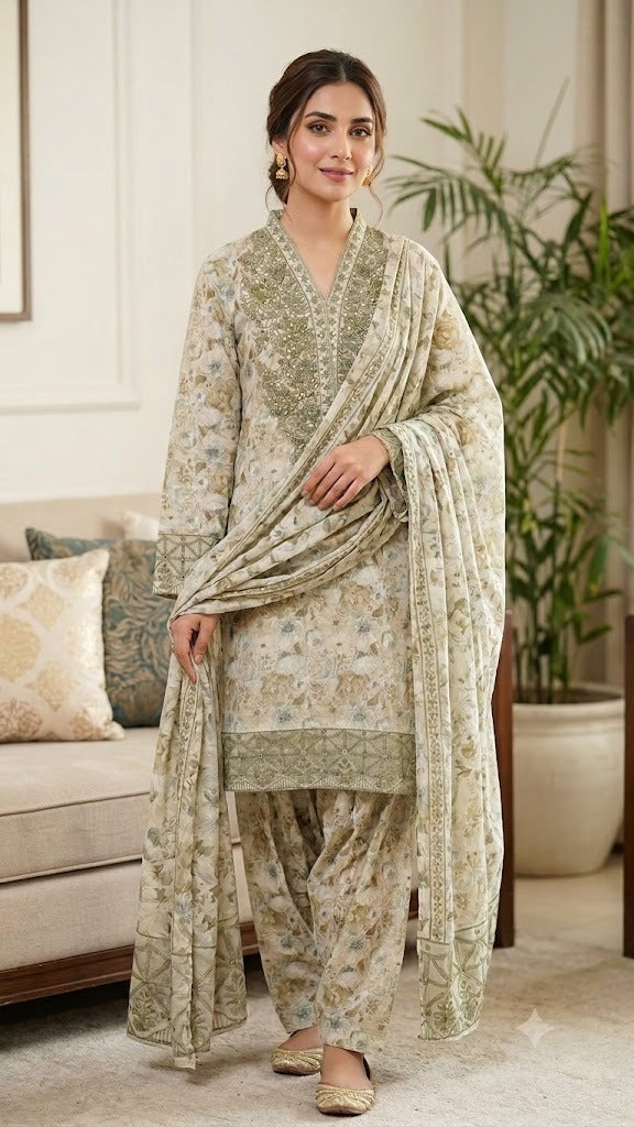 Women's Stitched 3 Piece Lawn Cotton Suit | Ready to Wear Floral Printed Embroidered Kurti, Matching Trouser & Printed Dupatta | Pakistani Ladies Dress