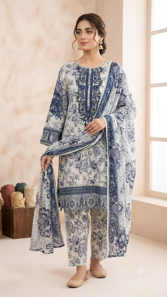 Women's Stitched 3 Piece Lawn Cotton Suit | Ready to Wear Floral Printed Embroidered Kurti, Matching Trouser & Printed Dupatta | Pakistani Ladies Dress