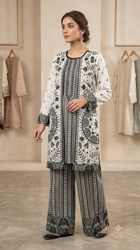 Women's Stitched 2 Piece Lawn Cotton Suit | Ready to Wear Printed Kurti & Matching Printed Trouser | Elegant Pakistani Ladies Dress